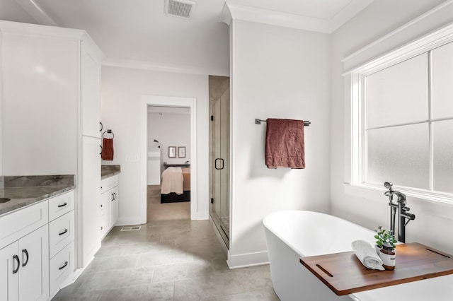 bathroom featuring vanity and plus walk in shower