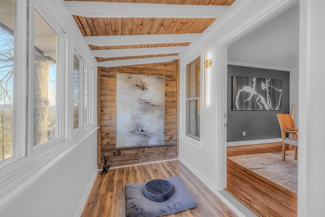 entryway featuring wood ceiling, plenty of natural light, hardwood / wood-style floors, and vaulted ceiling with beams