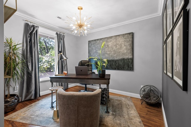 home office featuring crown molding, dark hardwood / wood-style floors, and a chandelier