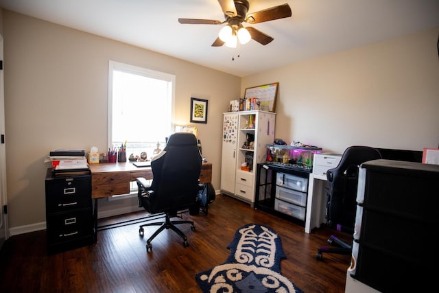 office area with dark hardwood / wood-style floors and ceiling fan