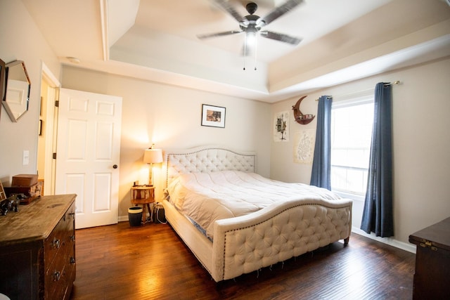 bedroom with a raised ceiling, ceiling fan, and dark hardwood / wood-style flooring