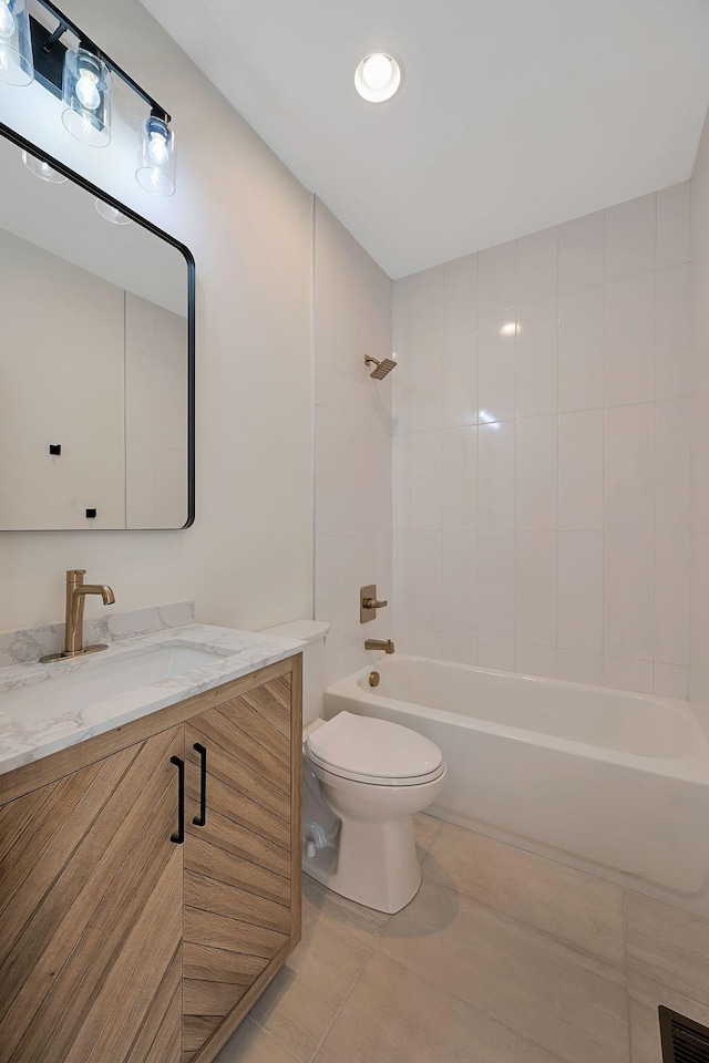 bathroom with visible vents, shower / tub combination, vanity, and toilet