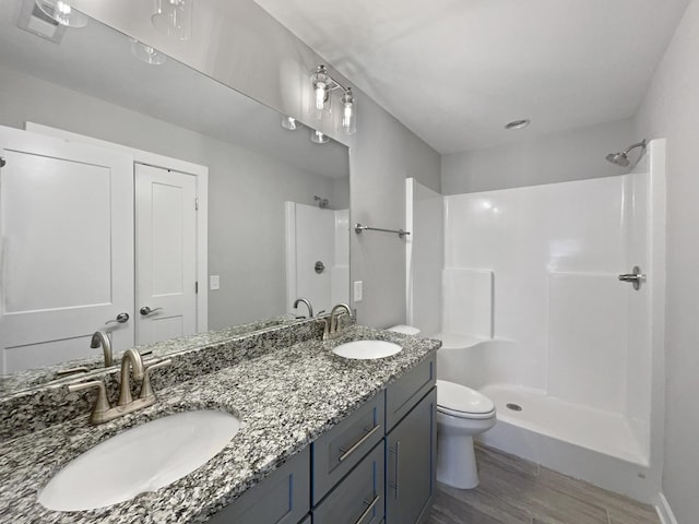 bathroom featuring vanity, hardwood / wood-style flooring, a shower, and toilet