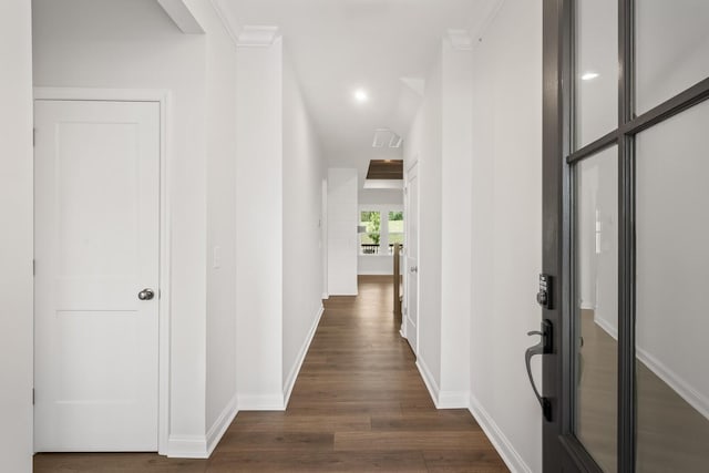 corridor featuring crown molding and dark hardwood / wood-style flooring