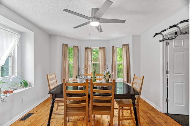 dining room featuring ceiling fan, light hardwood / wood-style floors, and a textured ceiling