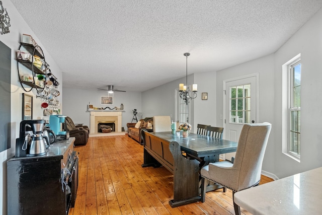 dining room featuring ceiling fan with notable chandelier, light hardwood / wood-style floors, and a textured ceiling