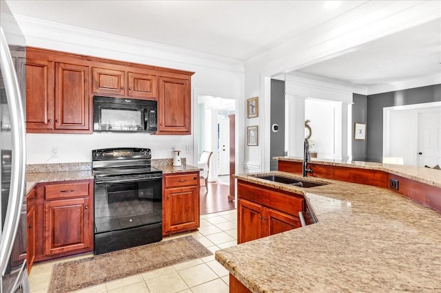 kitchen featuring sink, ornate columns, crown molding, light tile patterned floors, and black appliances