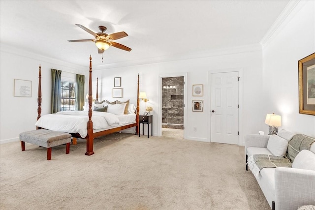 carpeted bedroom featuring crown molding, ceiling fan, and connected bathroom