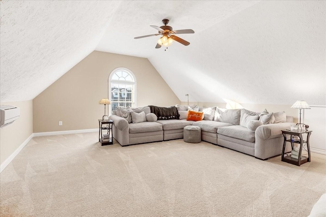 carpeted living room featuring vaulted ceiling, an AC wall unit, ceiling fan, and a textured ceiling