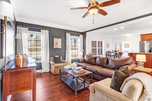 living room featuring ornamental molding, dark hardwood / wood-style floors, and ceiling fan