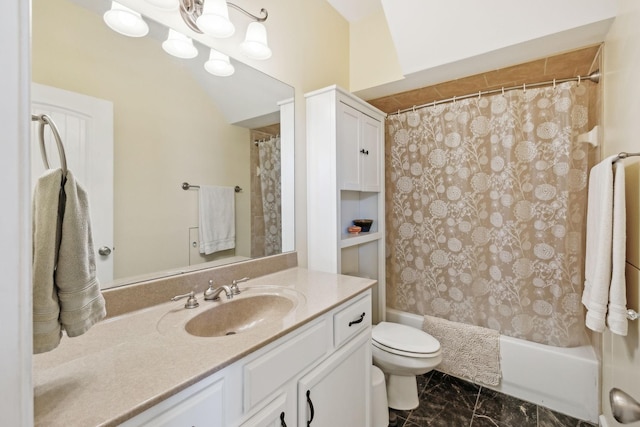 full bathroom featuring vanity, shower / tub combo with curtain, and toilet