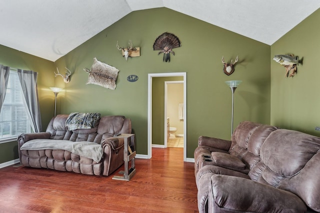 living room with lofted ceiling and wood-type flooring