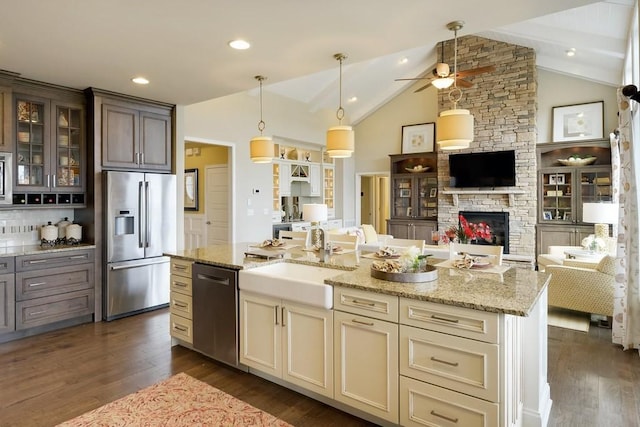 kitchen with dark wood-type flooring, a stone fireplace, sink, dark brown cabinets, and appliances with stainless steel finishes