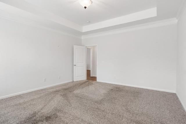 carpeted spare room with crown molding and a tray ceiling