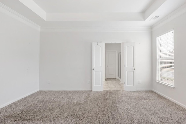 carpeted empty room featuring crown molding, a raised ceiling, and a wealth of natural light