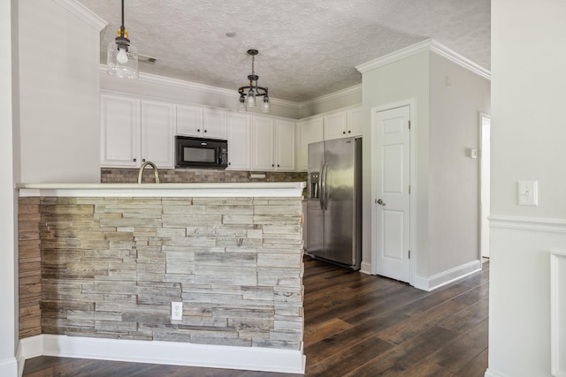 kitchen with decorative light fixtures, white cabinetry, ornamental molding, stainless steel fridge with ice dispenser, and dark wood-type flooring