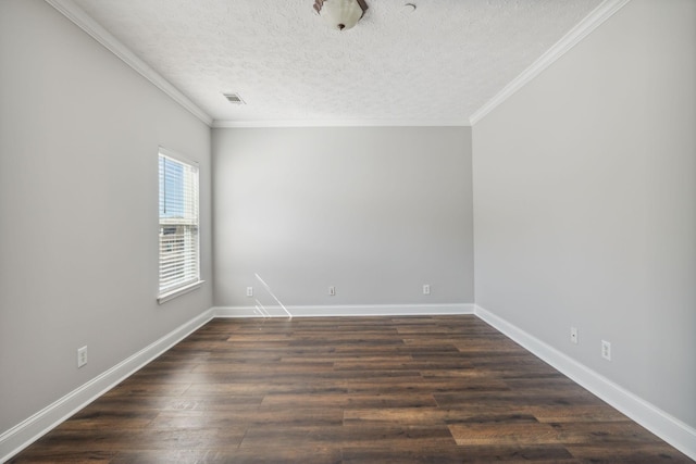 unfurnished room featuring crown molding, dark hardwood / wood-style floors, and a textured ceiling