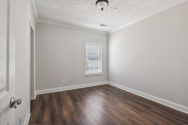 unfurnished room with crown molding, a textured ceiling, and dark hardwood / wood-style flooring