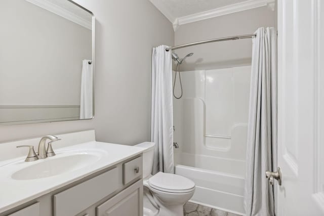 full bathroom with vanity, toilet, crown molding, a textured ceiling, and shower / bath combo with shower curtain