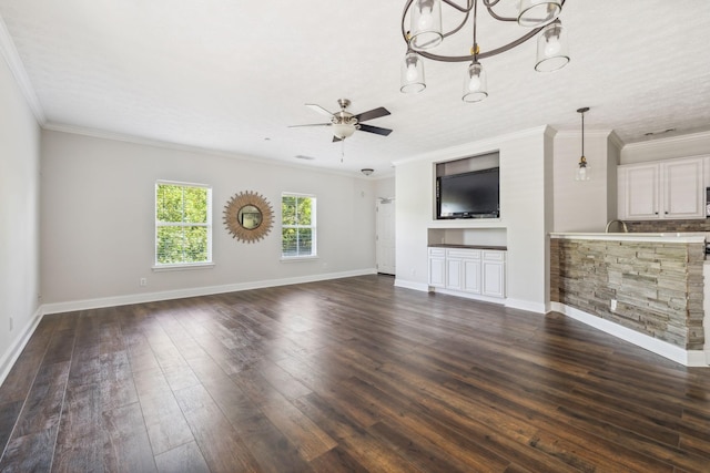 unfurnished living room with crown molding, dark wood-type flooring, and ceiling fan