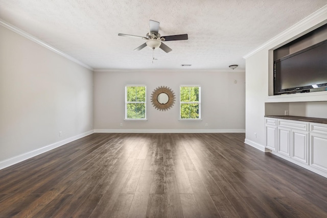 unfurnished living room with ceiling fan, crown molding, dark wood-type flooring, and a textured ceiling