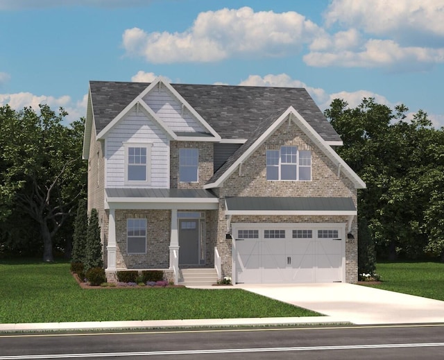 craftsman inspired home with a garage and a front lawn