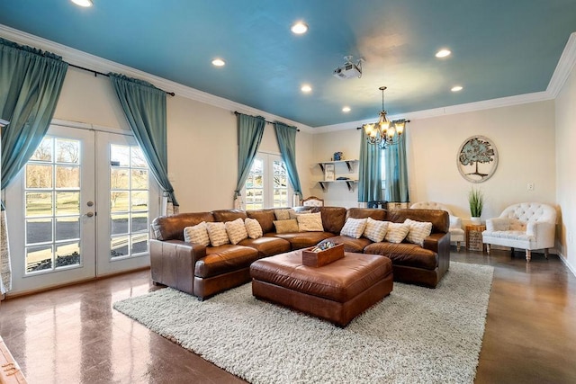 living room with crown molding, concrete floors, a notable chandelier, and french doors