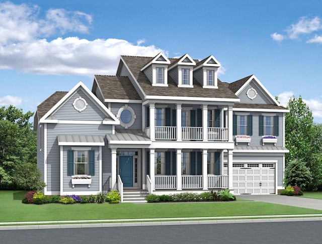 view of front facade featuring a balcony, a garage, and a front yard