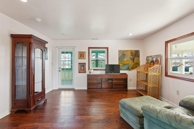 living room with dark hardwood / wood-style floors