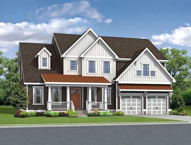 view of front of home with a porch, a garage, and a front lawn