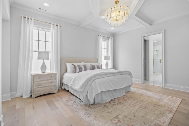 bedroom featuring crown molding, coffered ceiling, a notable chandelier, beamed ceiling, and light wood-type flooring