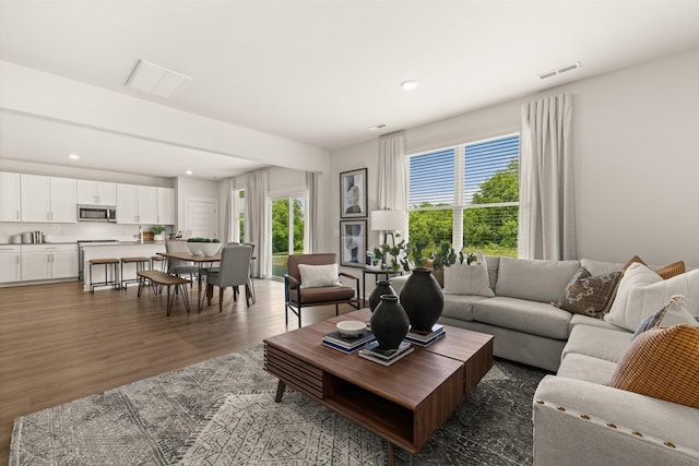 living room with dark hardwood / wood-style floors