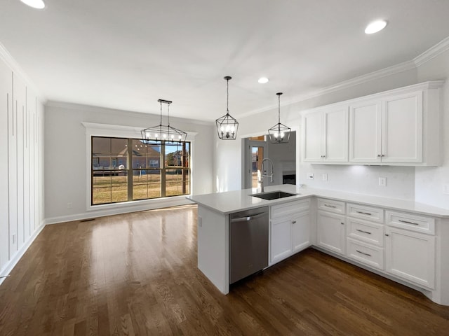 kitchen with sink, stainless steel dishwasher, kitchen peninsula, pendant lighting, and white cabinets