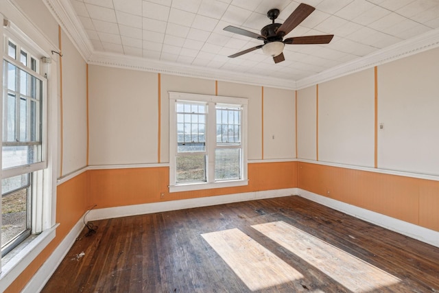 spare room with ornamental molding, dark hardwood / wood-style floors, and ceiling fan