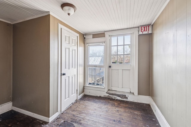 doorway to outside with crown molding, dark wood-type flooring, and wood walls