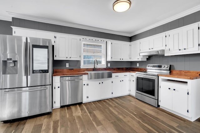 kitchen with white cabinetry, ornamental molding, stainless steel appliances, and sink