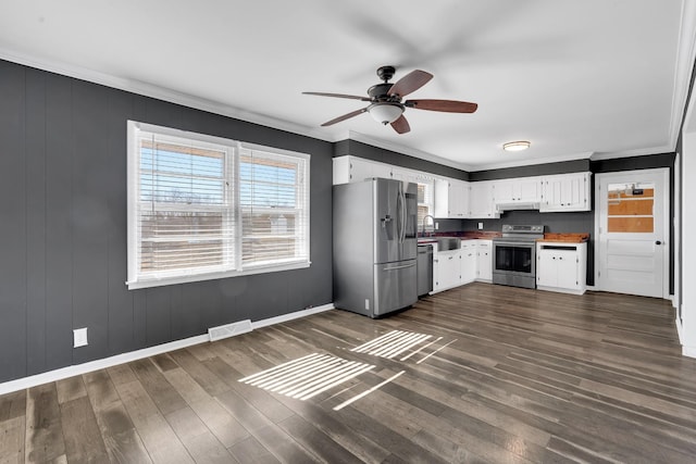 kitchen with white cabinetry, appliances with stainless steel finishes, dark hardwood / wood-style floors, and crown molding