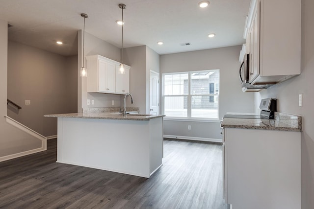 kitchen with white cabinetry, pendant lighting, dark hardwood / wood-style flooring, and light stone countertops