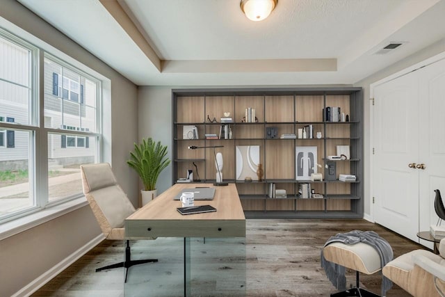 office featuring dark hardwood / wood-style floors and a raised ceiling