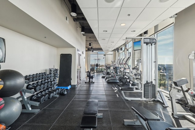 workout area with a paneled ceiling and floor to ceiling windows