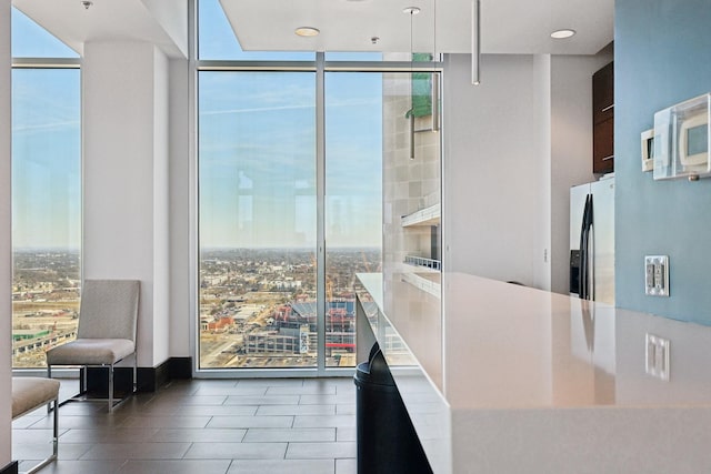 interior space featuring stainless steel fridge with ice dispenser and floor to ceiling windows