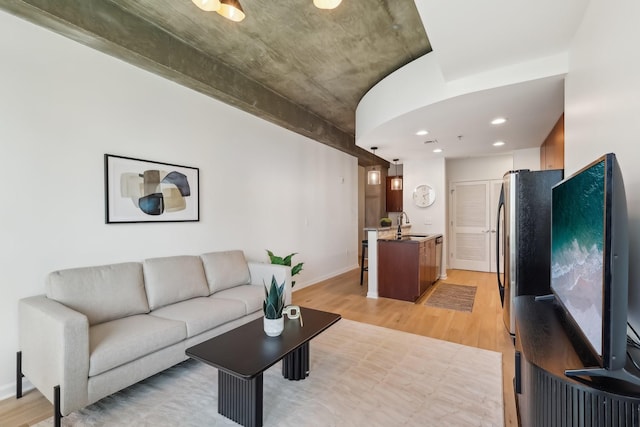 living room with sink and light hardwood / wood-style floors