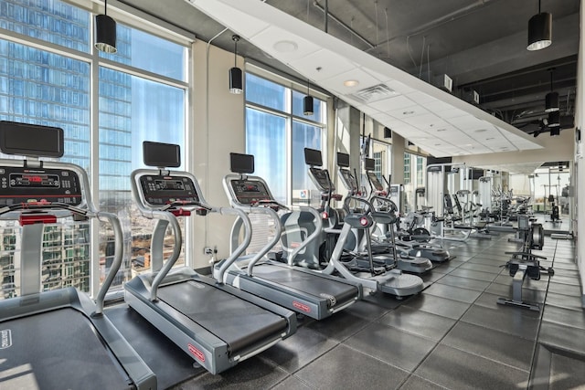 gym with floor to ceiling windows