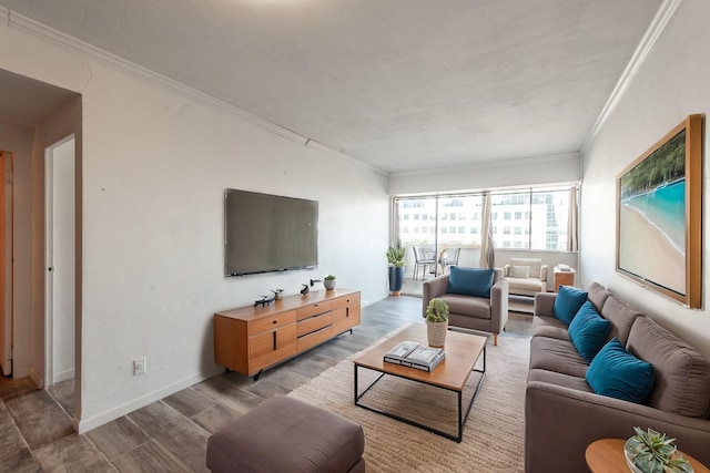 living room featuring ornamental molding and light hardwood / wood-style flooring