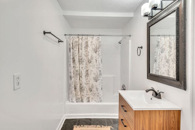 bathroom featuring shower / bath combination with curtain, vanity, tile patterned flooring, and a textured ceiling