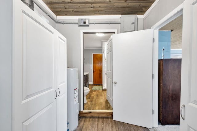 corridor featuring hardwood / wood-style flooring, crown molding, and electric water heater