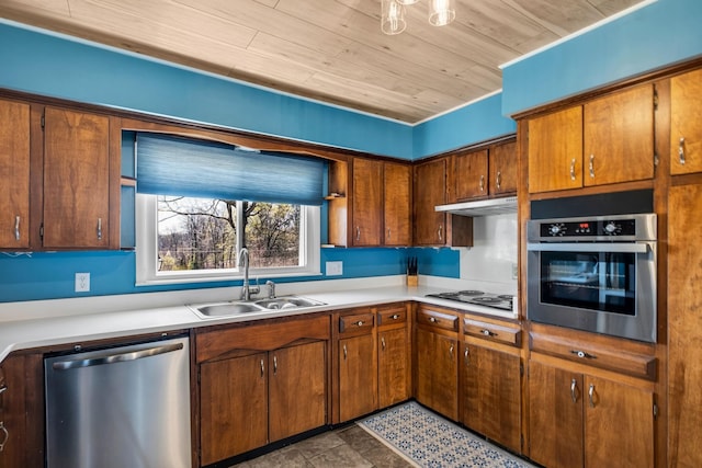 kitchen featuring wood ceiling, stainless steel appliances, and sink