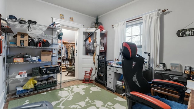 office area featuring hardwood / wood-style flooring and ornamental molding