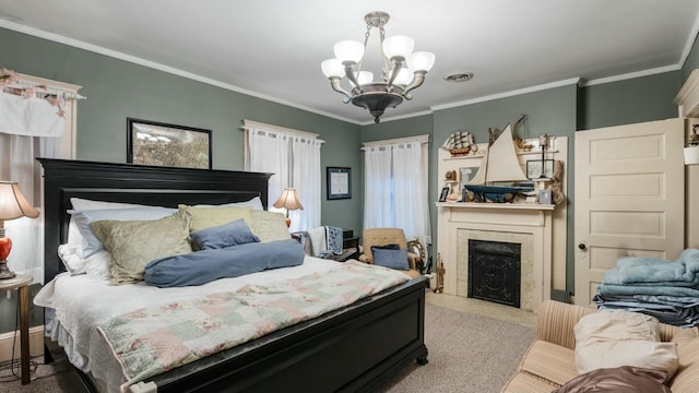 bedroom featuring ornamental molding, light carpet, and a notable chandelier