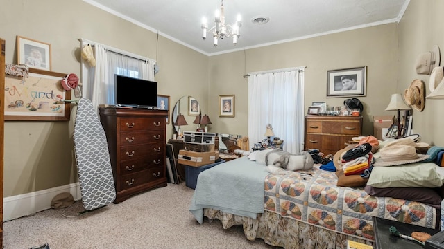 bedroom featuring crown molding, light colored carpet, and an inviting chandelier